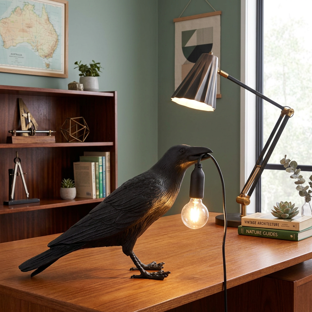Lampe de table sculpture corbeau en résine