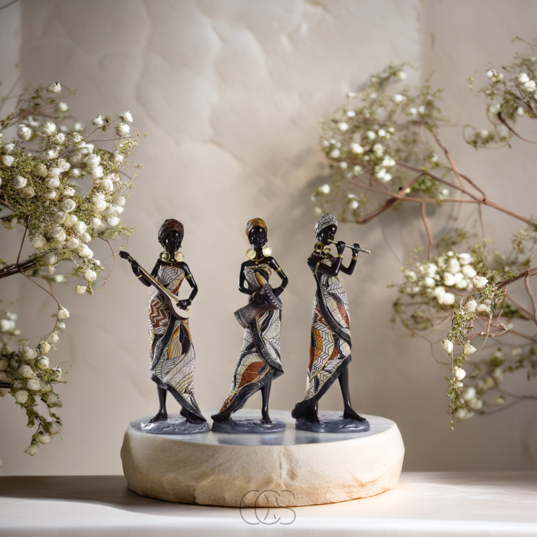 Set 3 Statues Femme Africaine Musicienne en Résine