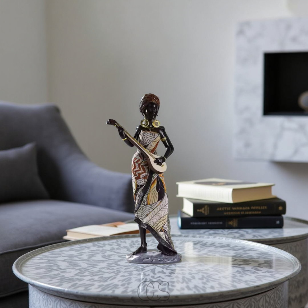 Set 3 Statues Femme Africaine Musicienne en Résine