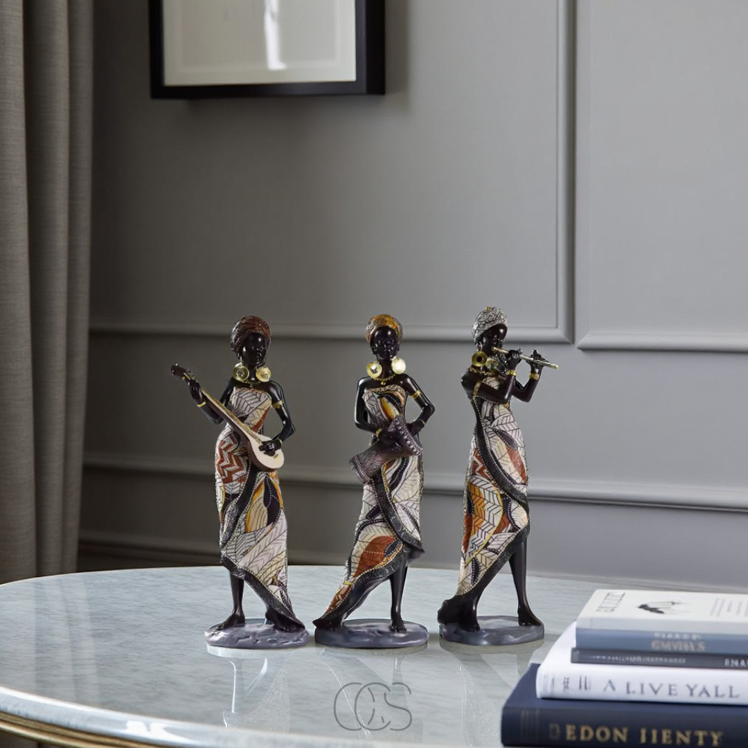 Set 3 Statues Femme Africaine Musicienne en Résine