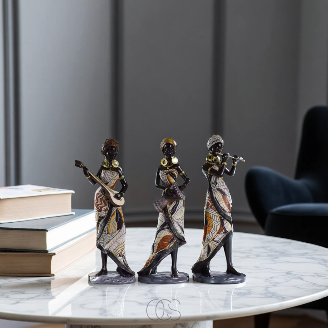 Set 3 Statues Femme Africaine Musicienne en Résine