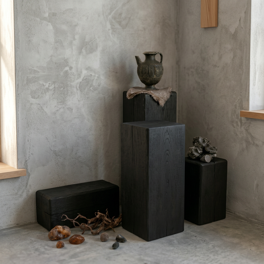 Sculptural Charred Timber Pedestal Stand