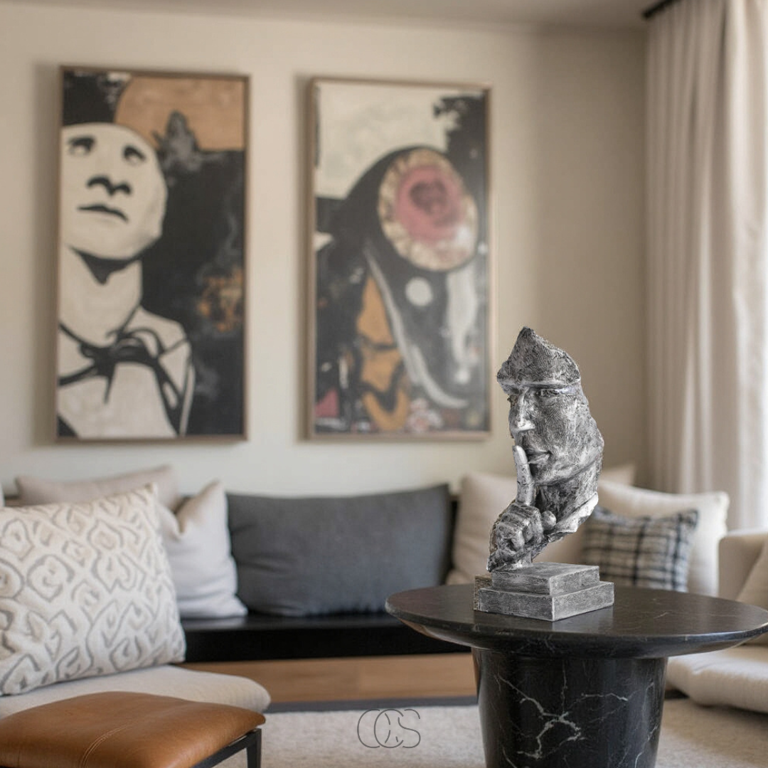 Sculpture Visage Abstraite "Silence is Golden" – Argent