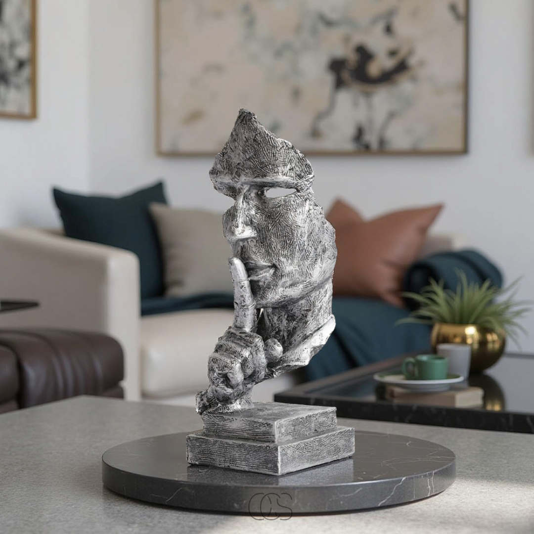 Sculpture Visage Abstraite "Silence is Golden" – Argent