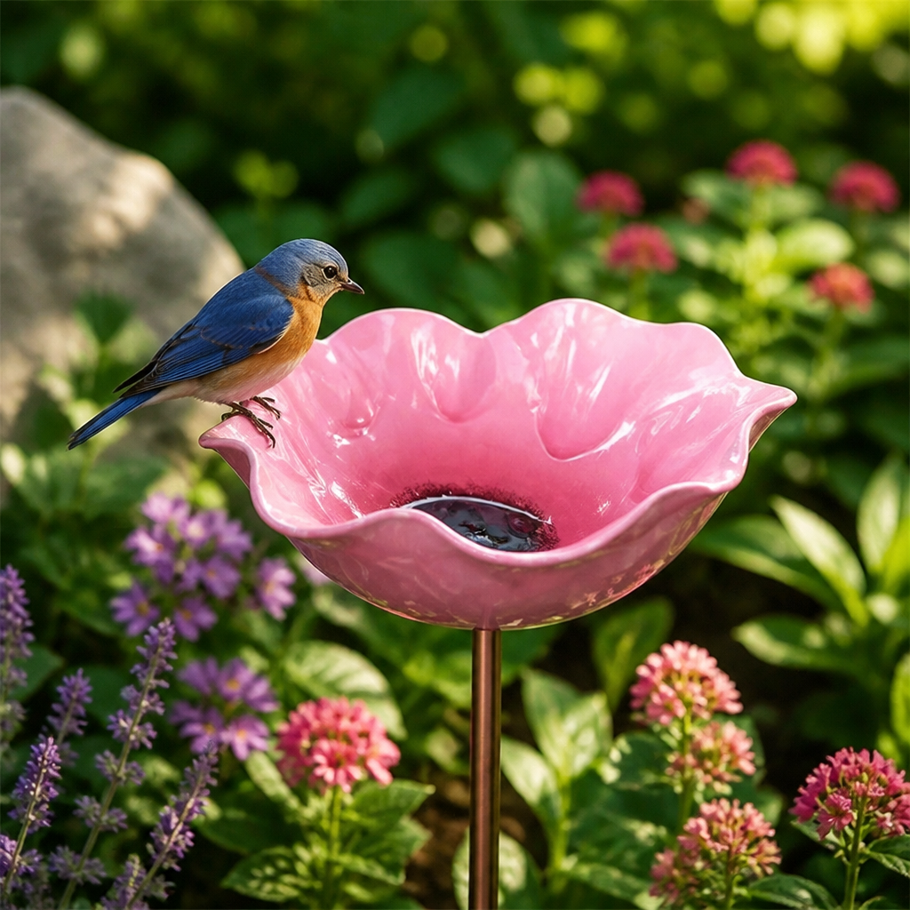 Decorative Flower Bird Bath and Feeder on Stake
