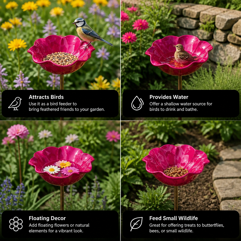 Decorative Flower Bird Bath and Feeder on Stake