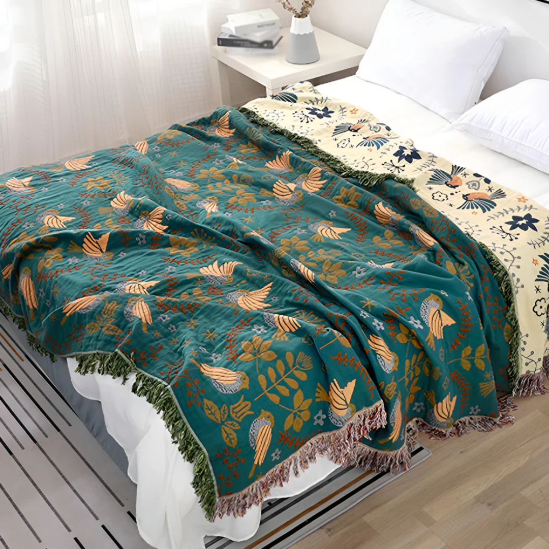 Embroidered Cotton Throw Blanket - Teal and Cream 0