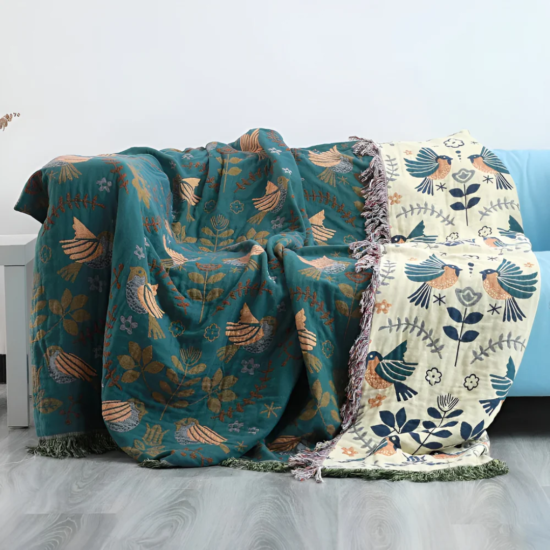 Embroidered Cotton Throw Blanket - Teal and Cream 3