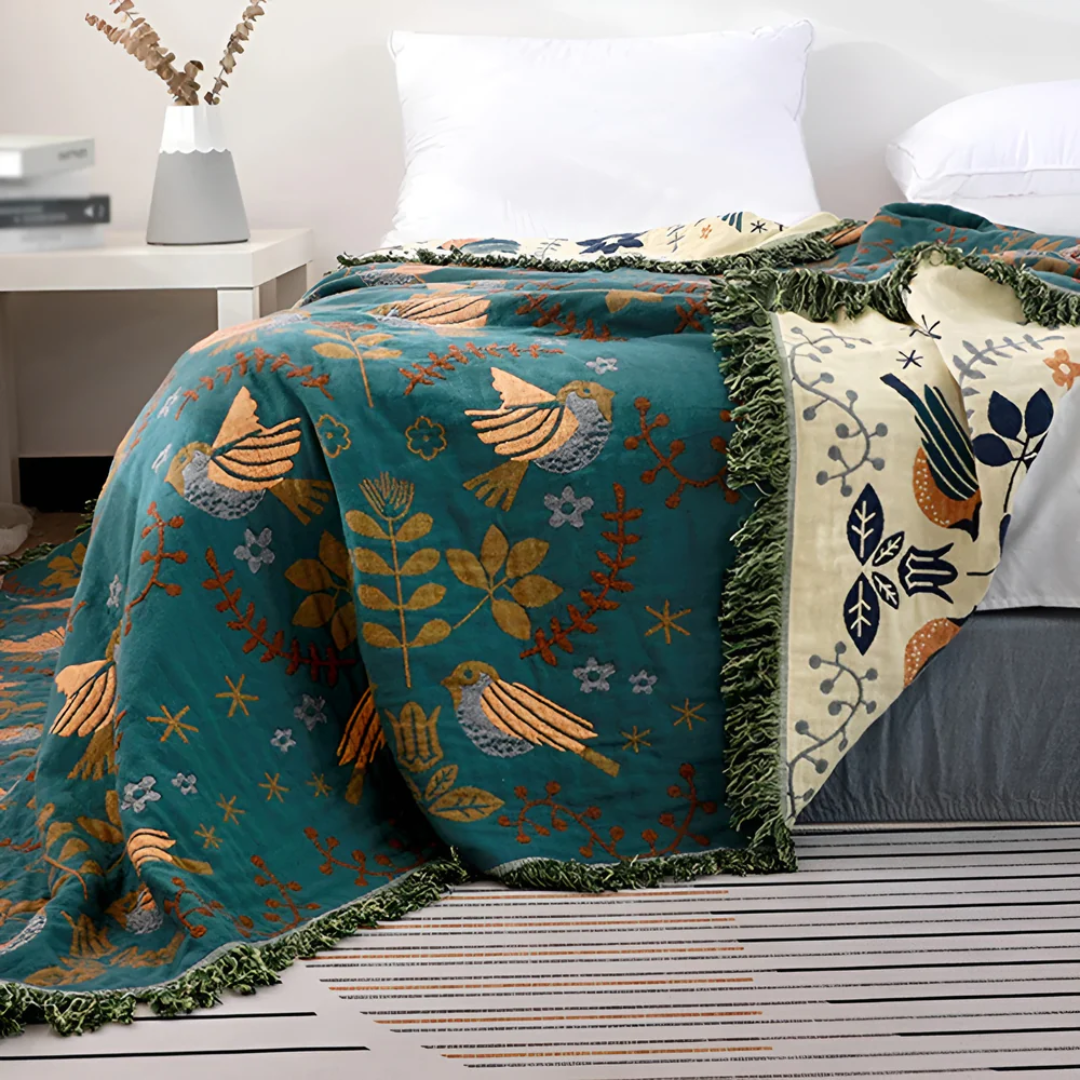 Embroidered Cotton Throw Blanket - Teal and Cream 4