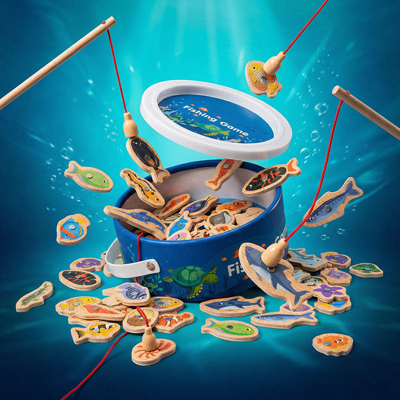 Jeu de pêche magnétique en bois, 51 poissons