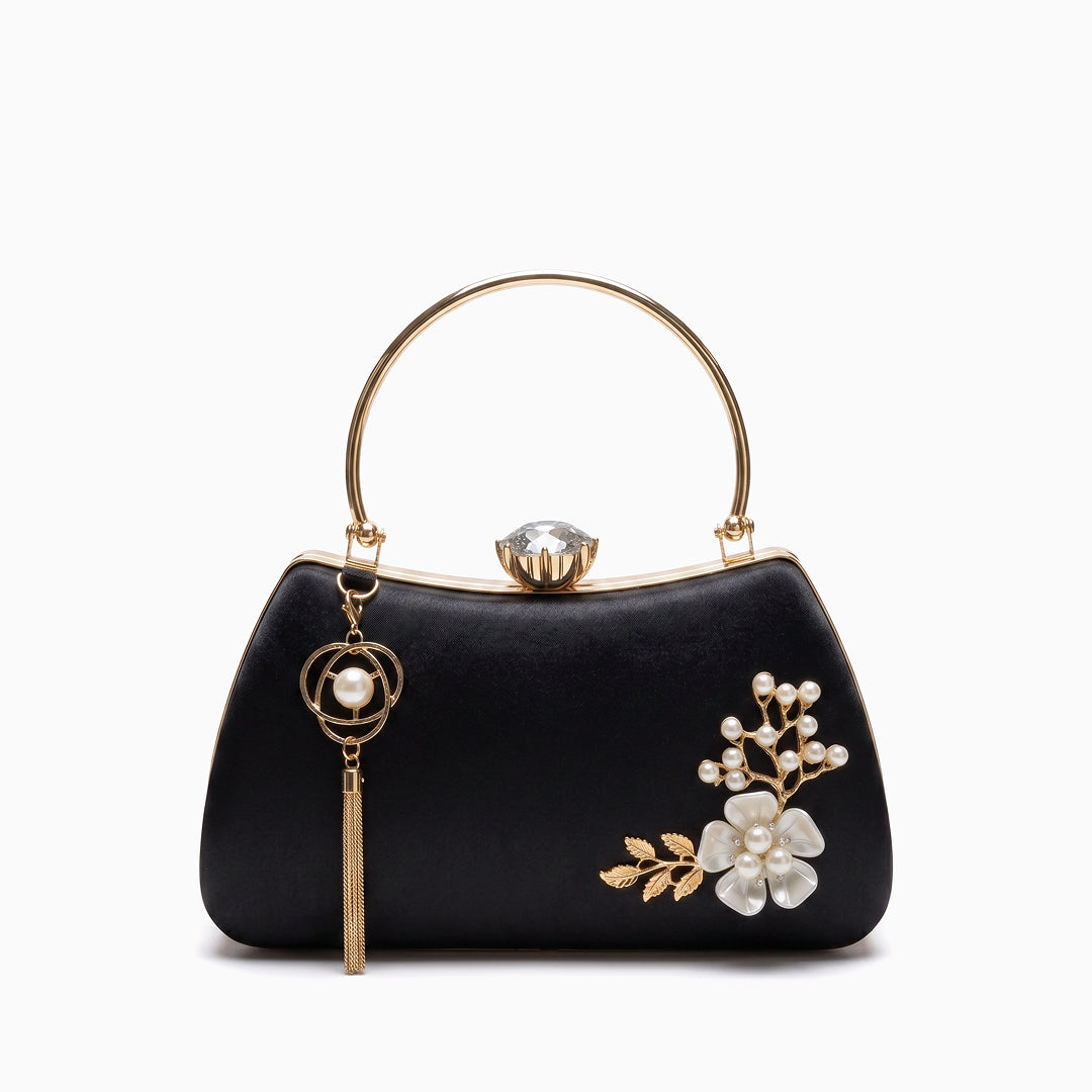 Sac du soir orné de perles et fleur, anse anneau dorée