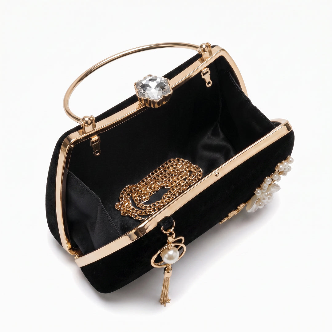 Pearl Flower Evening Bag with Gold Ring Handle