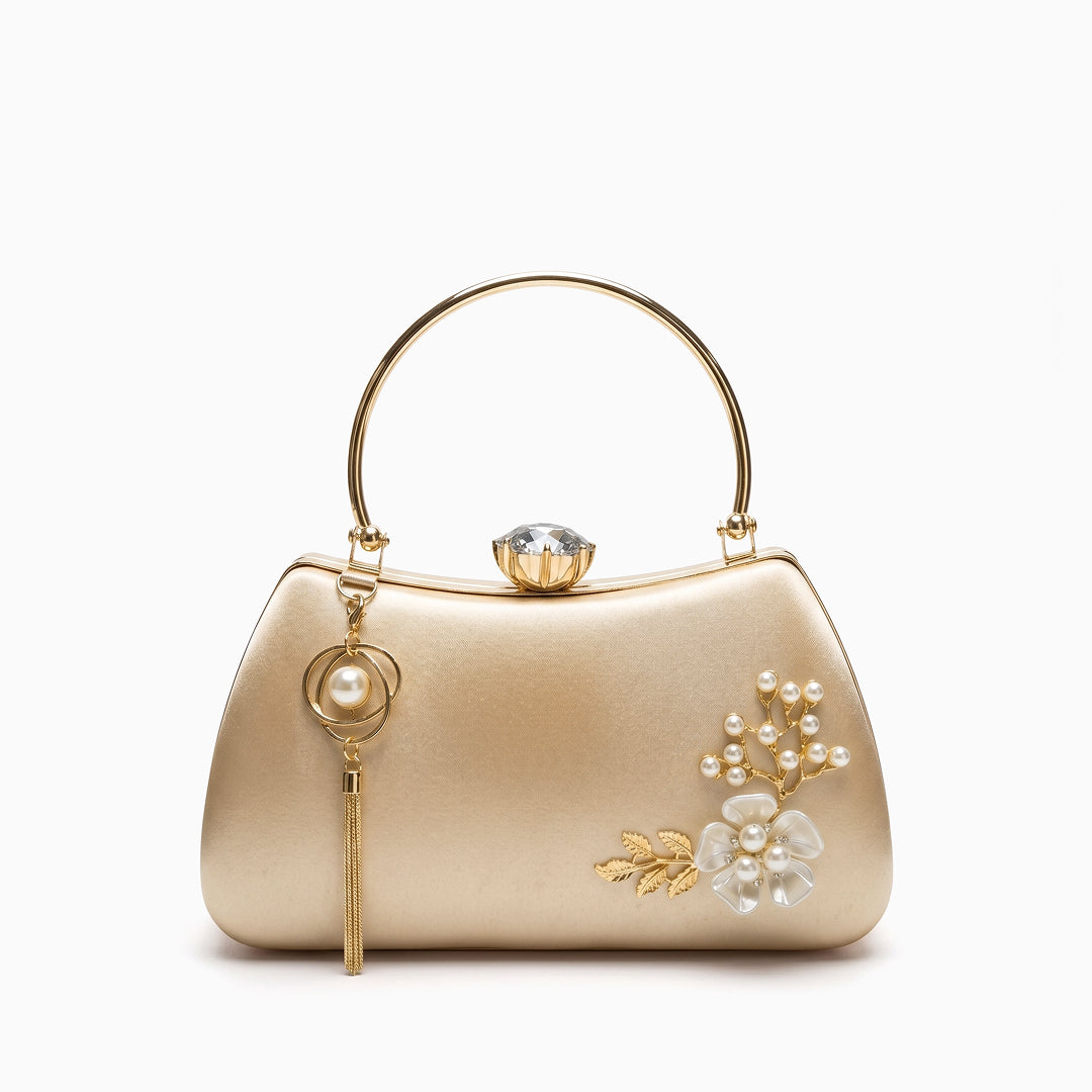Sac du soir orné de perles et fleur, anse anneau dorée