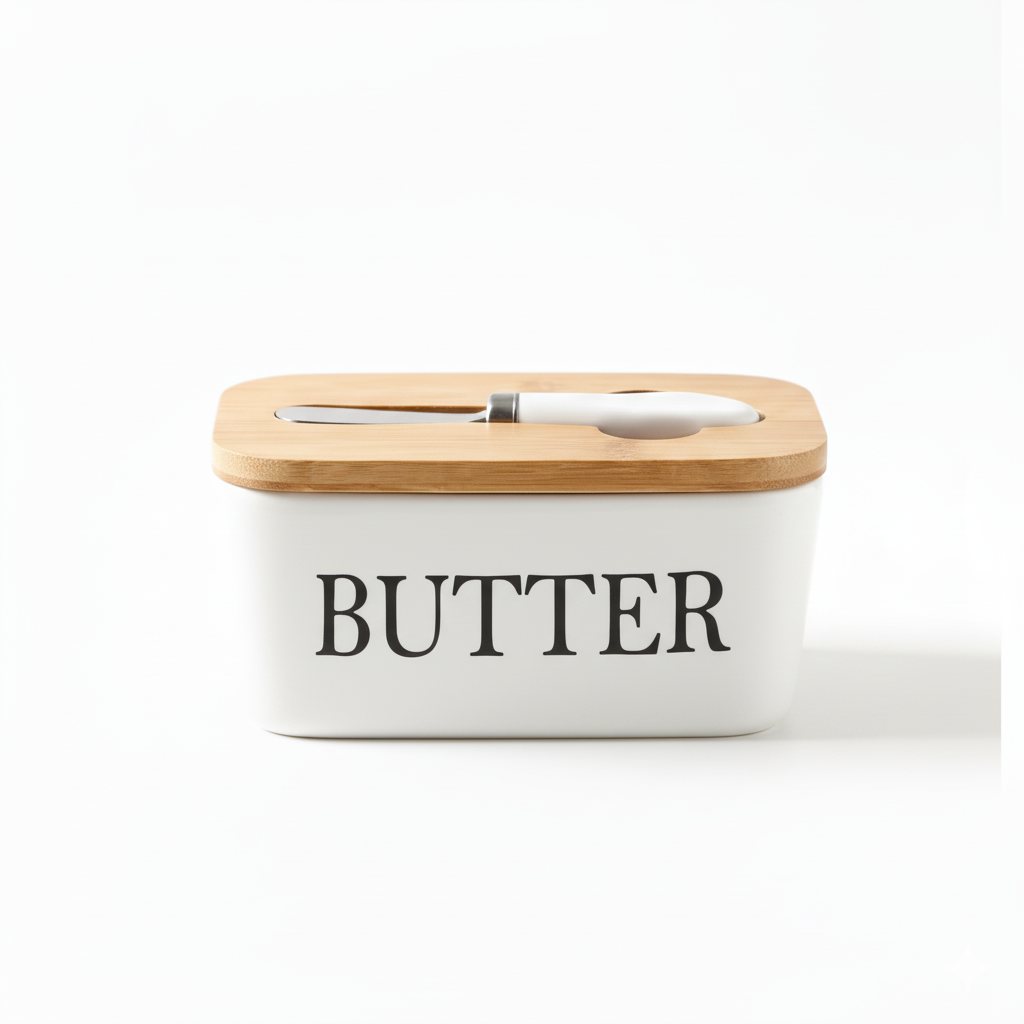 Ceramic and Bamboo Butter Dish with Knife