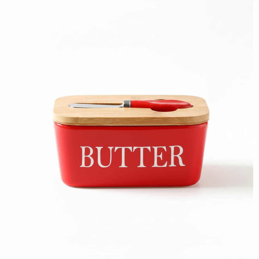 Ceramic and Bamboo Butter Dish with Knife