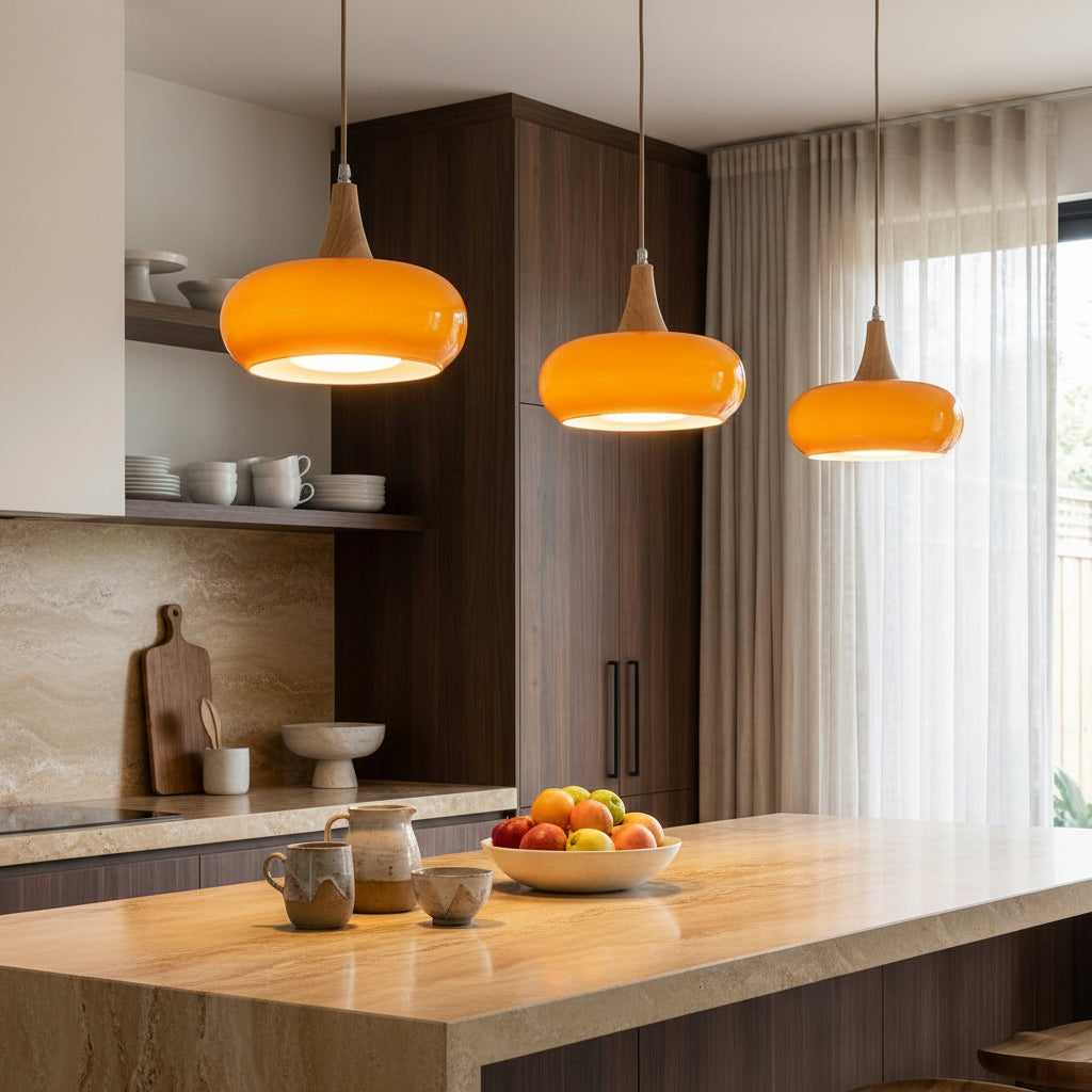 Glass & Wood Pendant Light - Retro Orange or Matte White 1