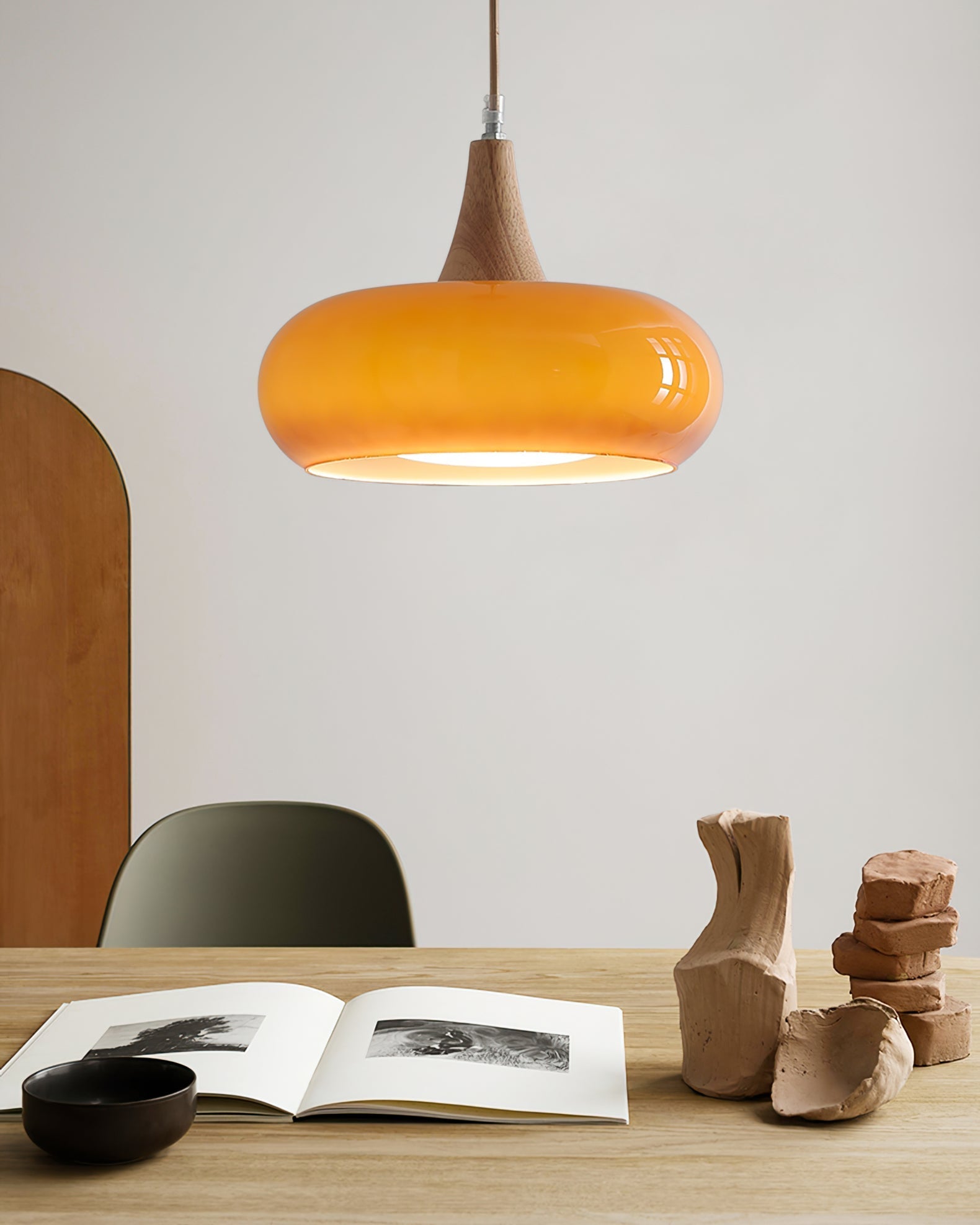 Glass & Wood Pendant Light - Retro Orange or Matte White 3