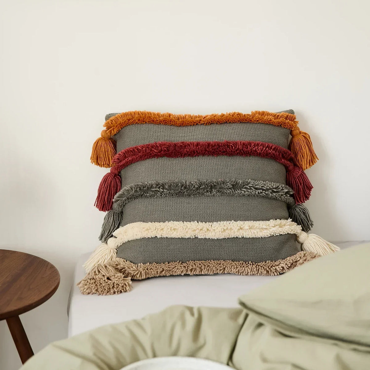 Velours Rayé - Housse de Coussin à Franges 45 x 45