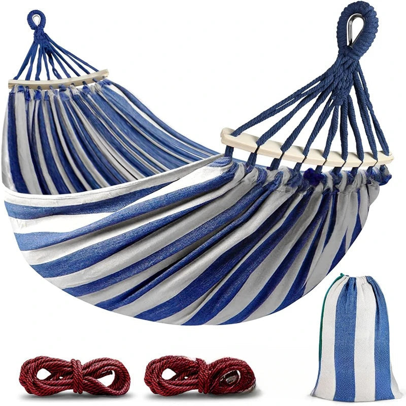 Hamac Double en Toile avec Barres en Bois | Élégance et Confort pour Détente en Plein Air