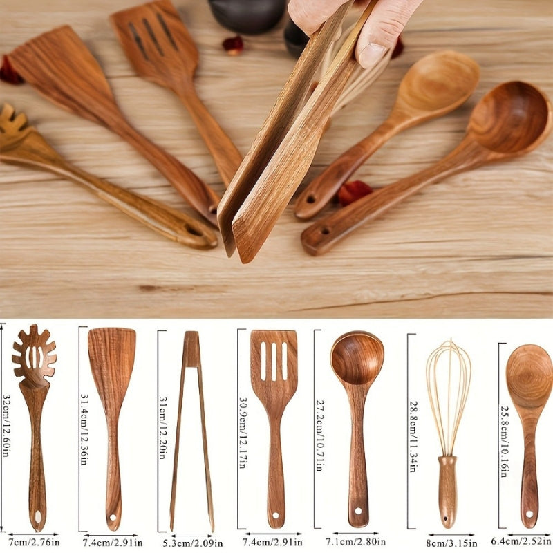 Lot de 7 ustensiles de cuisine en bois naturel