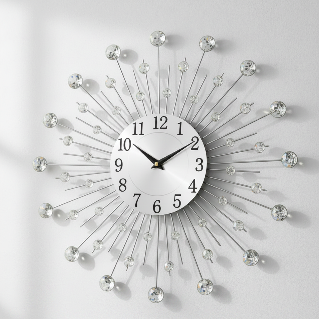 Horloge Murale Design en Métal Argenté avec Cristaux | Élégance Contemporaine pour un Intérieur Raffiné 0
