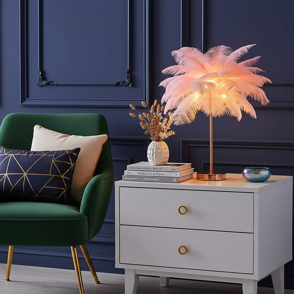 Lampe de Table : Élégance Naturelle en Lumière – Abat-jour en Plumes 2