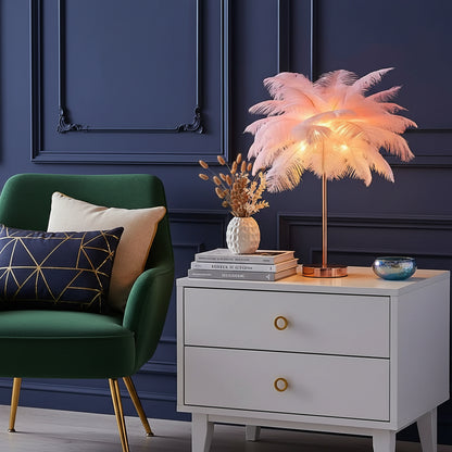 Lampe de Table : Élégance Naturelle en Lumière – Abat-jour en Plumes 2
