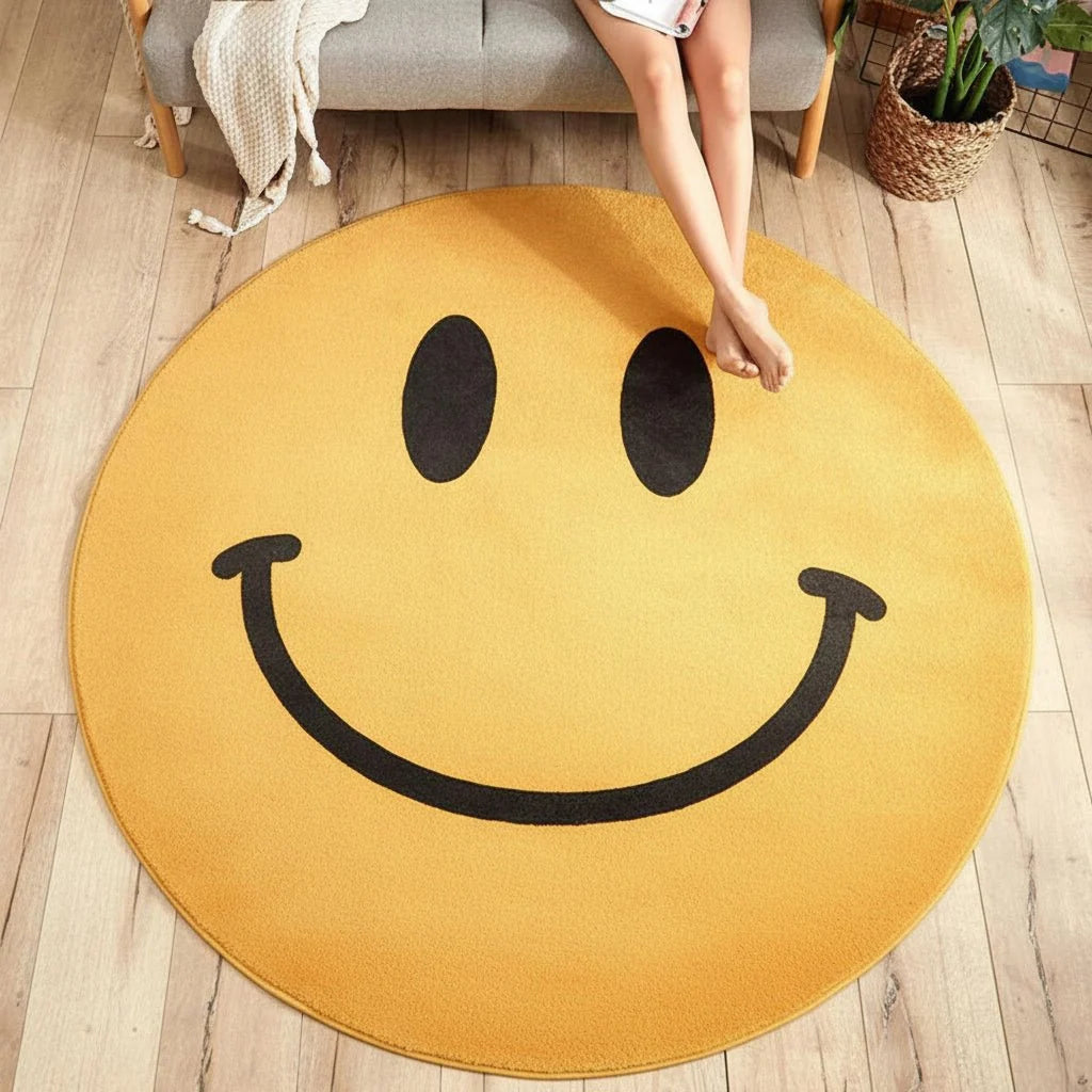 Round Yellow Smiley Rug in Soft Fleece