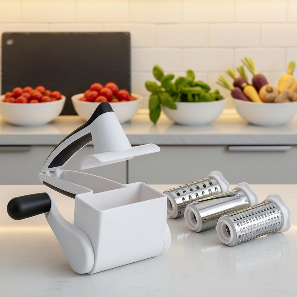 Maison Elmora | Ustensile de Cuisine Râpe Rotative en Acier Inoxydable | Design Élégant pour une Préparation Facile et Sophistiquée 0