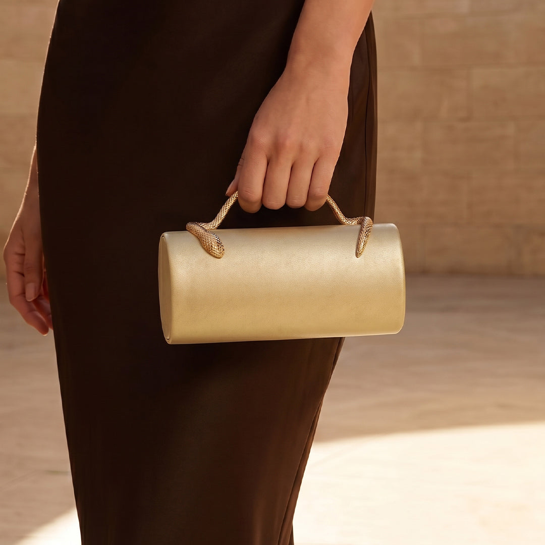 Cylindrical Evening Bag with Sculpted Serpent Handle