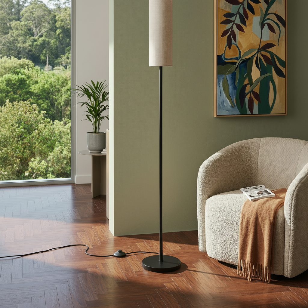 Matte Black Iron Floor Lamp - Cylindrical Fabric Shade 1