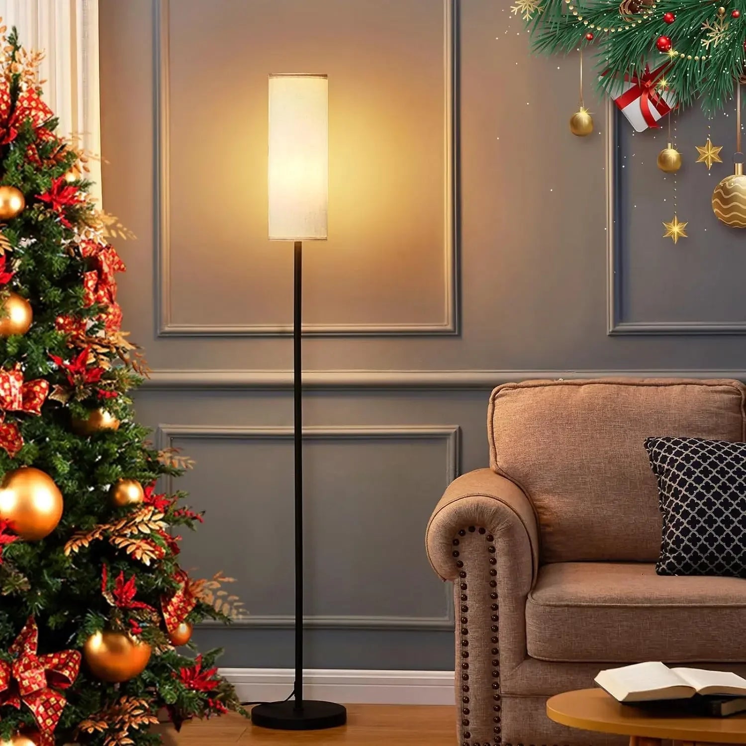 Matte Black Iron Floor Lamp - Cylindrical Fabric Shade 2