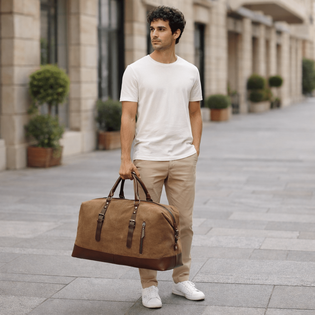 Men's Canvas Duffel Bag with Leather Details