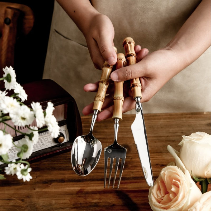 Amber Bamboo Steel Cutlery Set 18/10, 20 to 60 Pieces