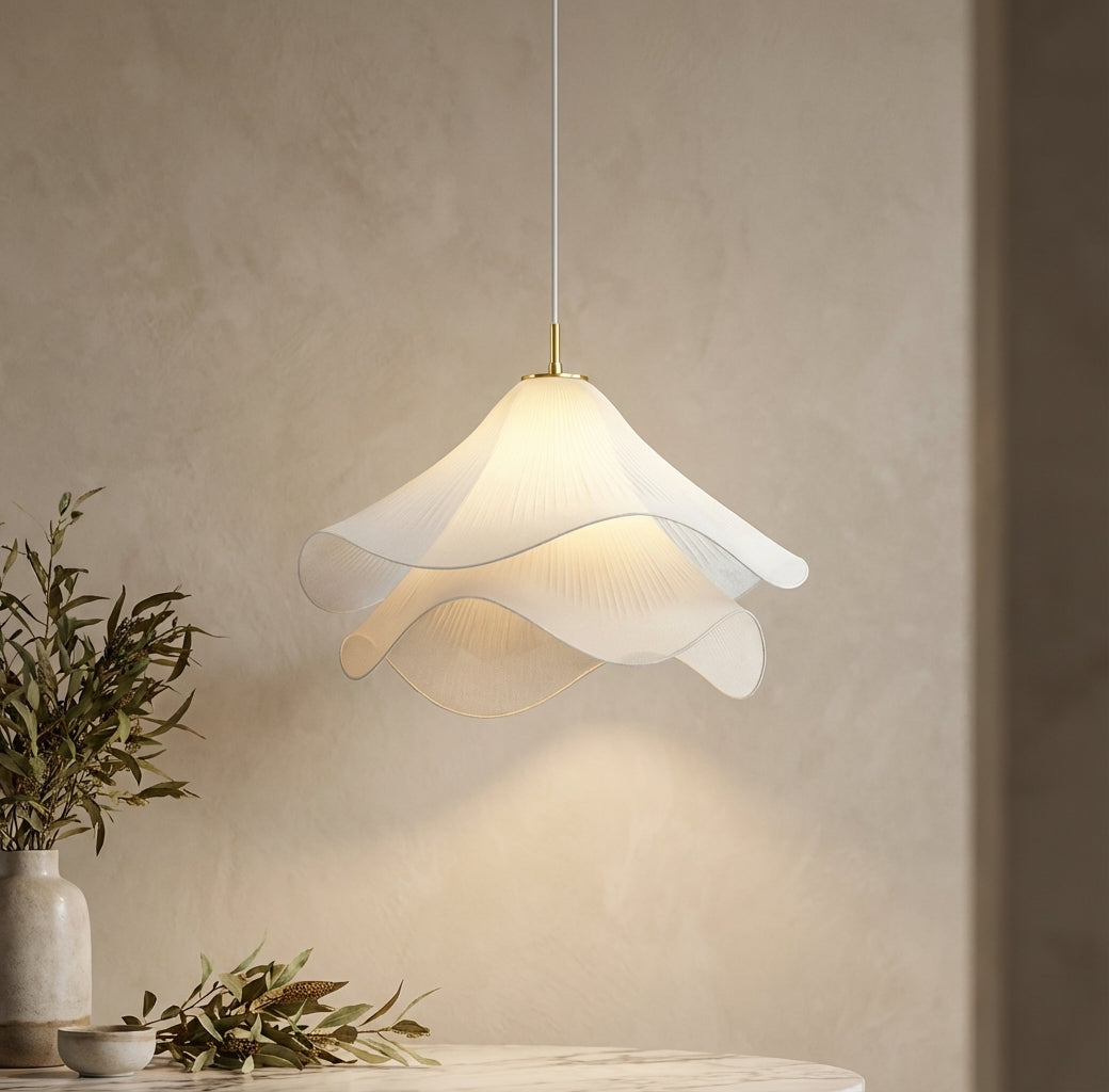 Pleated Fabric Pendant Light - Brushed Brass Accents 0