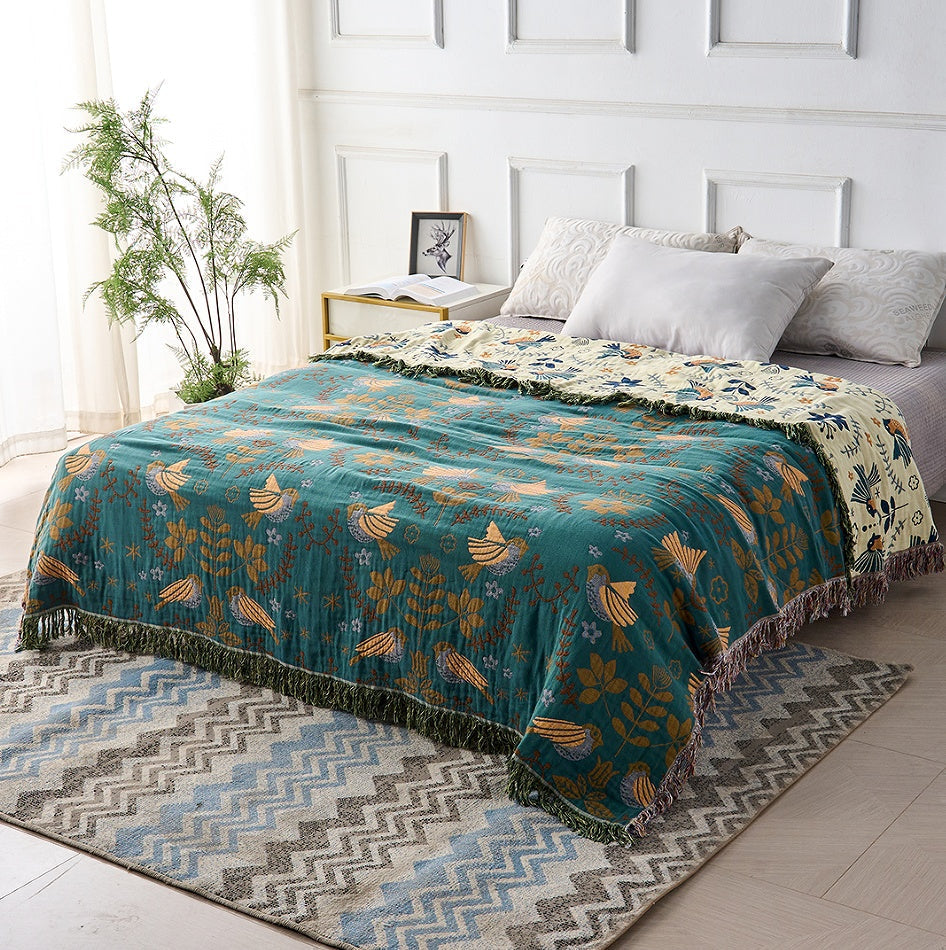 Plaid Jacquard Oiseaux Réversible 100% Coton 4 Couches