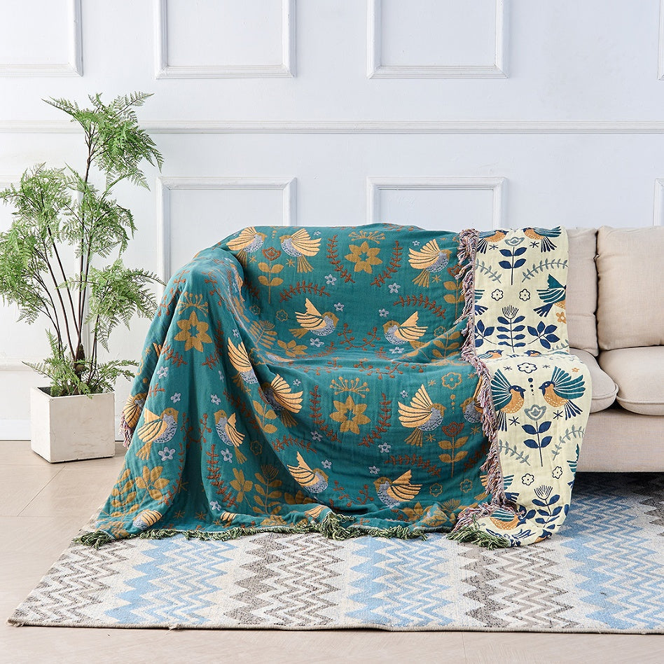 Plaid Jacquard Oiseaux Réversible 100% Coton 4 Couches