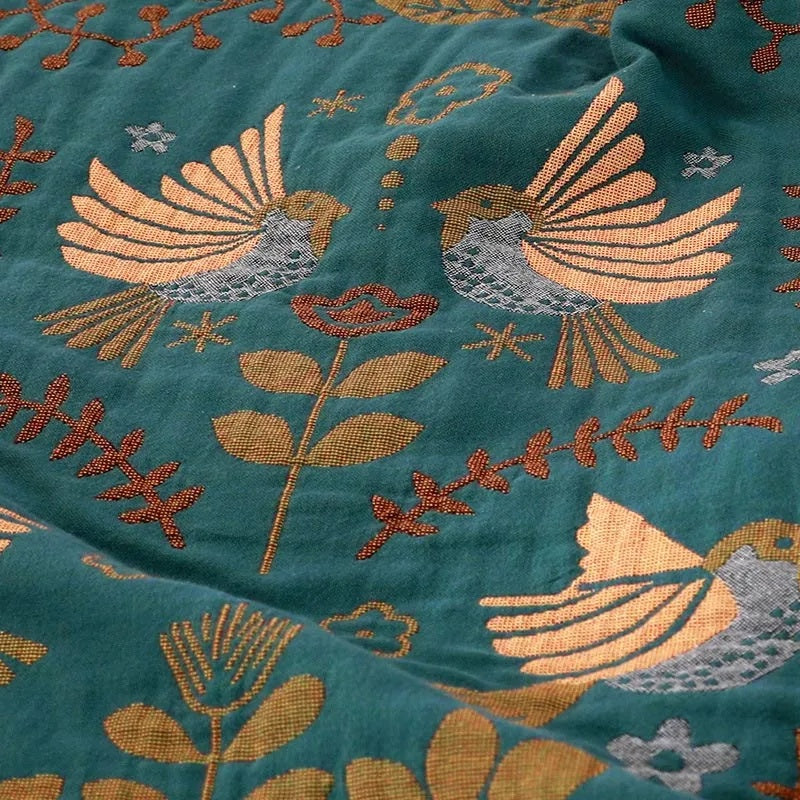 Plaid Jacquard Oiseaux Réversible 100% Coton 4 Couches
