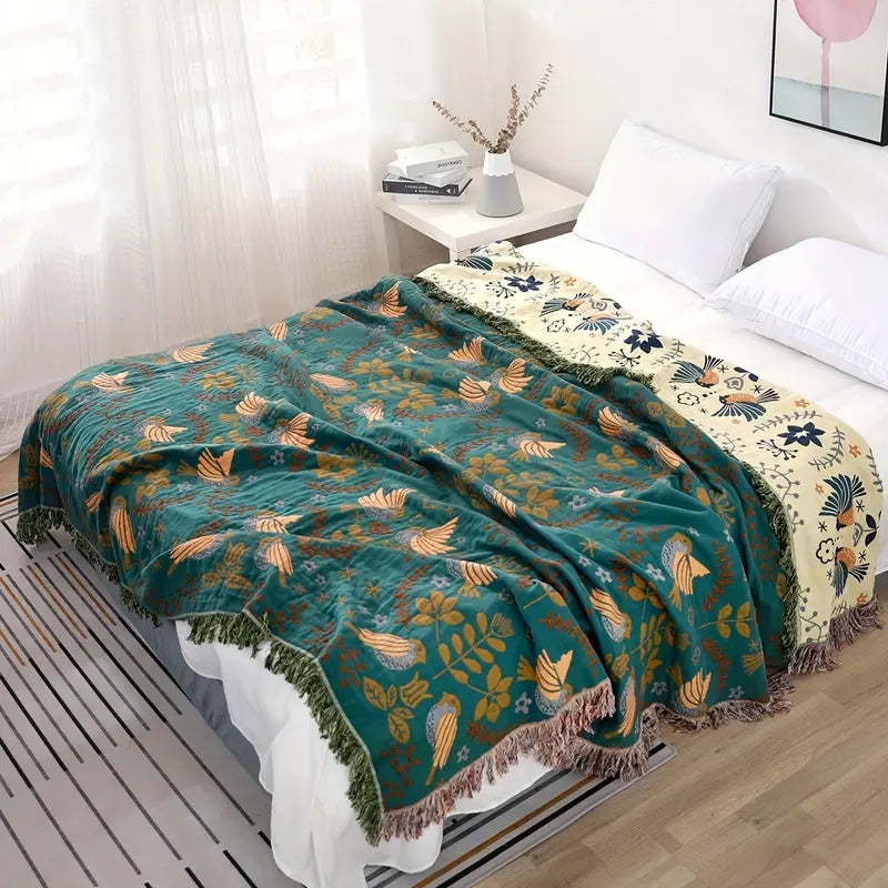 Plaid Jacquard Oiseaux Réversible 100% Coton 4 Couches