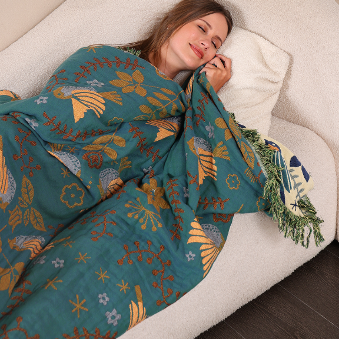 Plaid Jacquard Oiseaux Réversible 100% Coton 4 Couches