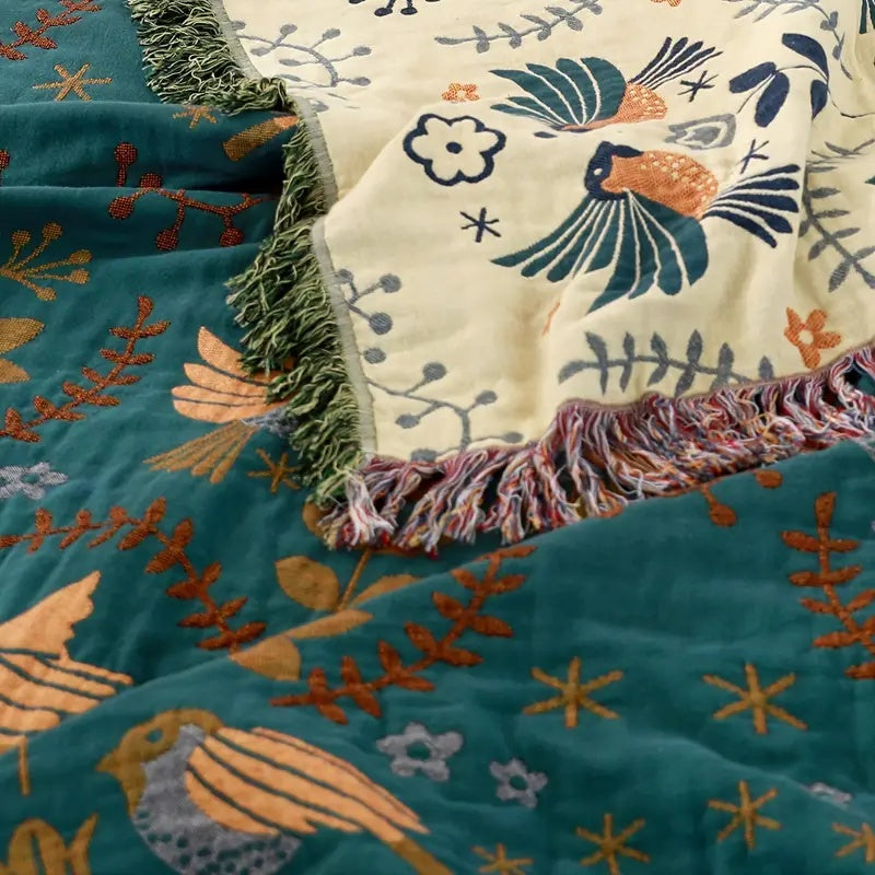Plaid Jacquard Oiseaux Réversible 100% Coton 4 Couches