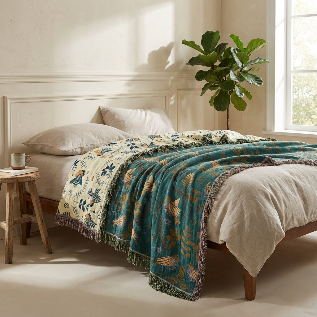 Plaid Jacquard Oiseaux Réversible 100% Coton 4 Couches
