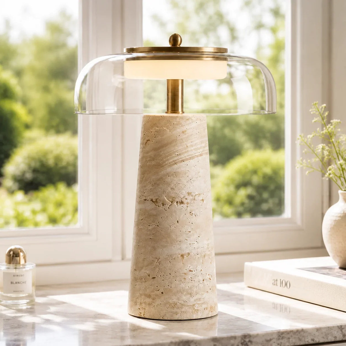 Travertine Mushroom Lamp with Glass and Perforated Metal