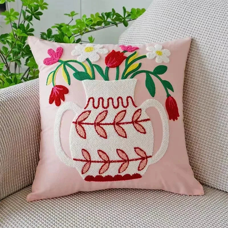 Housse de coussin brodée fleurs, style campagne