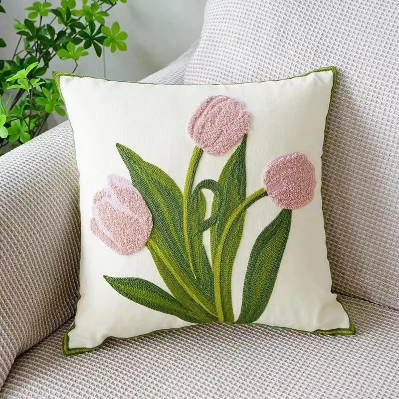 Housse de coussin brodée fleurs, style campagne