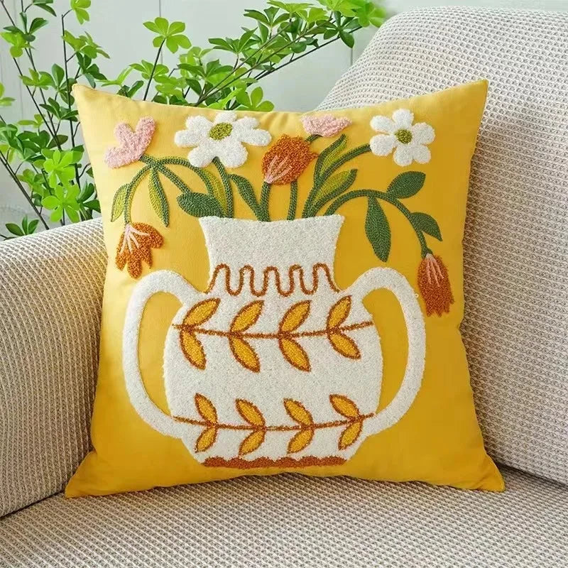 Housse de coussin brodée fleurs, style campagne