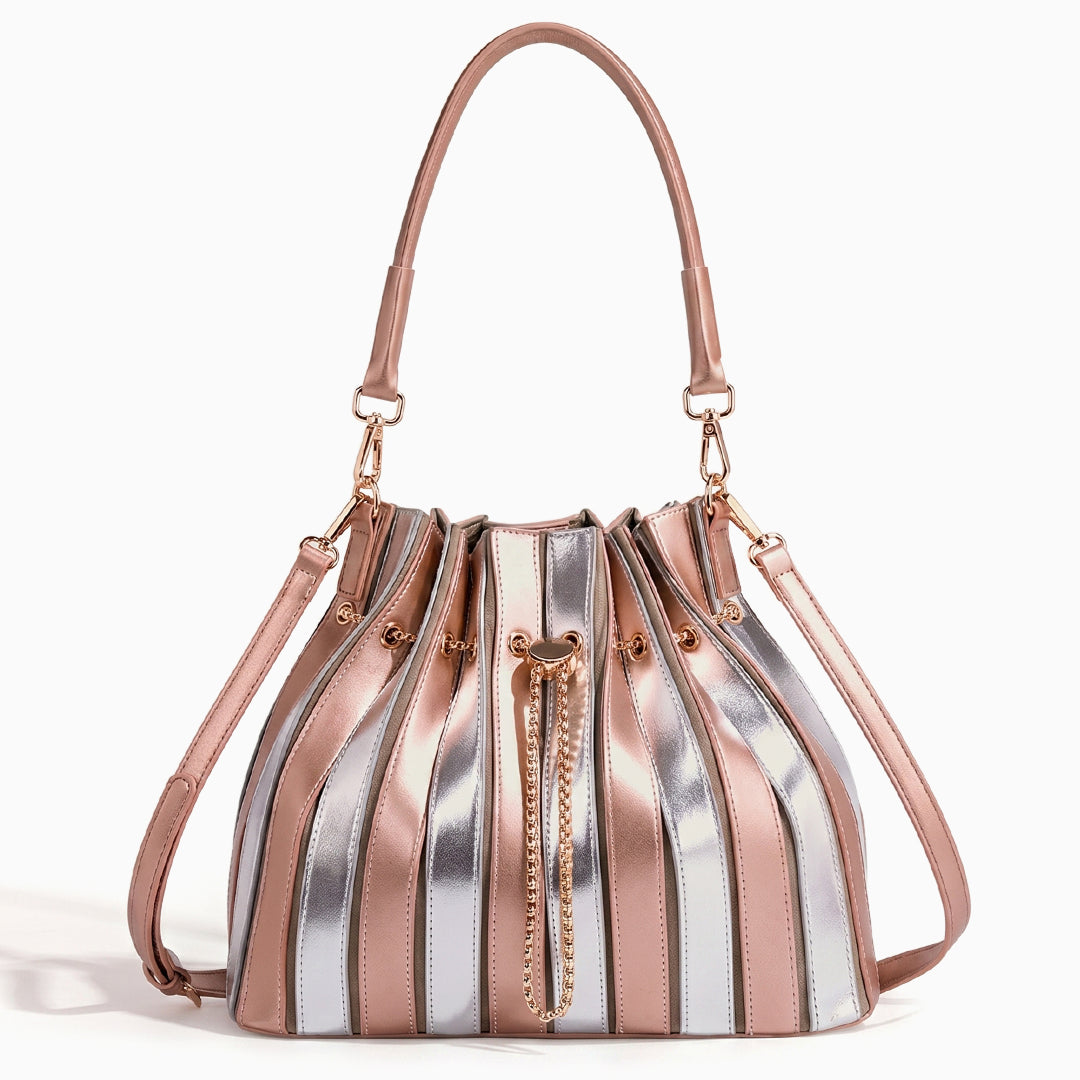 Pleated Metallic Drawstring Bucket Bag