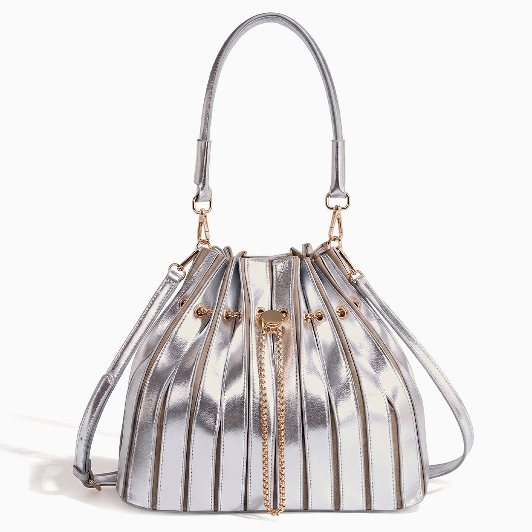 Pleated Metallic Drawstring Bucket Bag