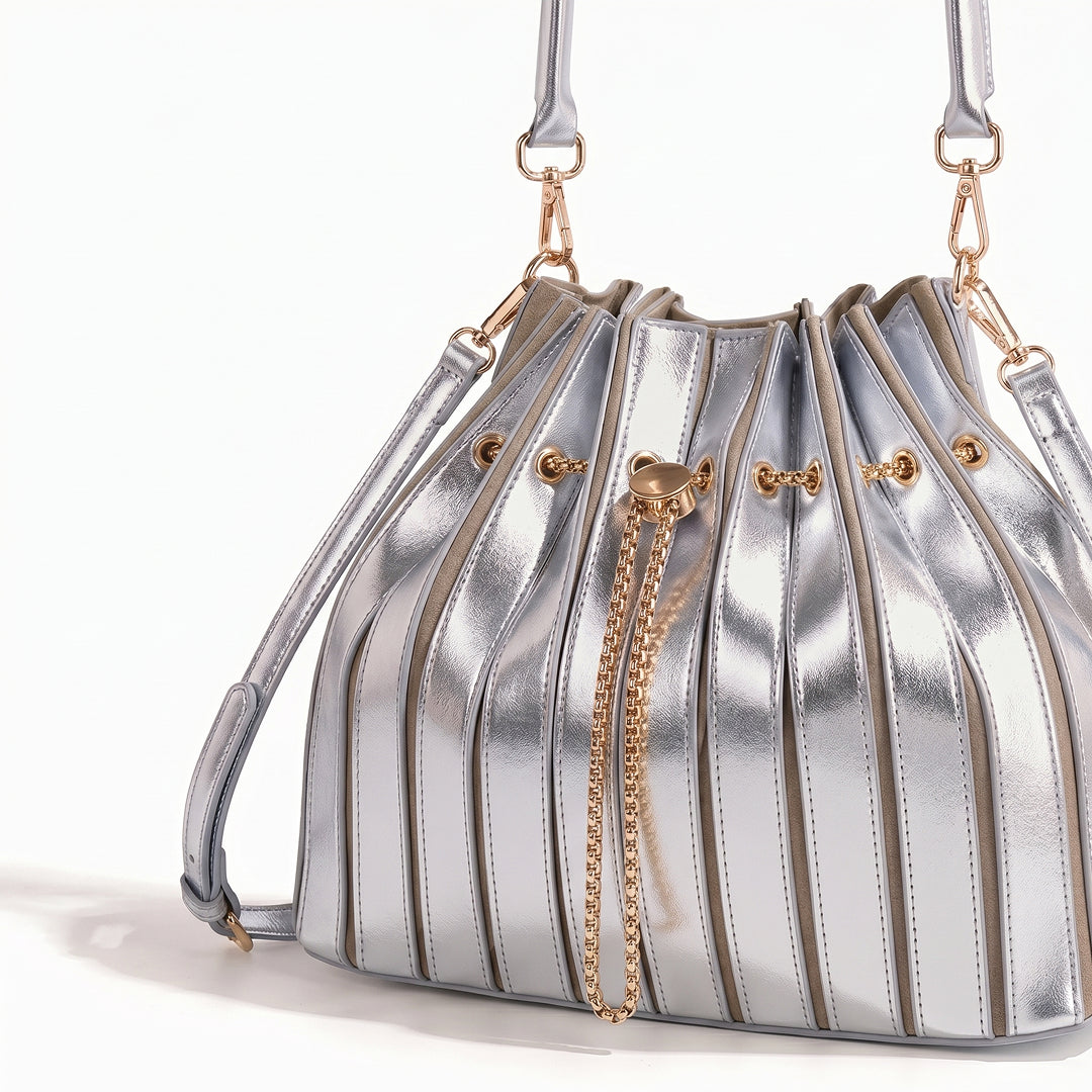 Pleated Metallic Drawstring Bucket Bag