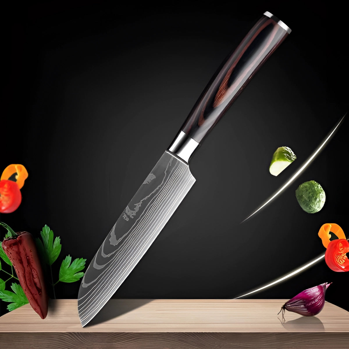 Damascus-Pattern Kitchen Knives with Wood Handle
